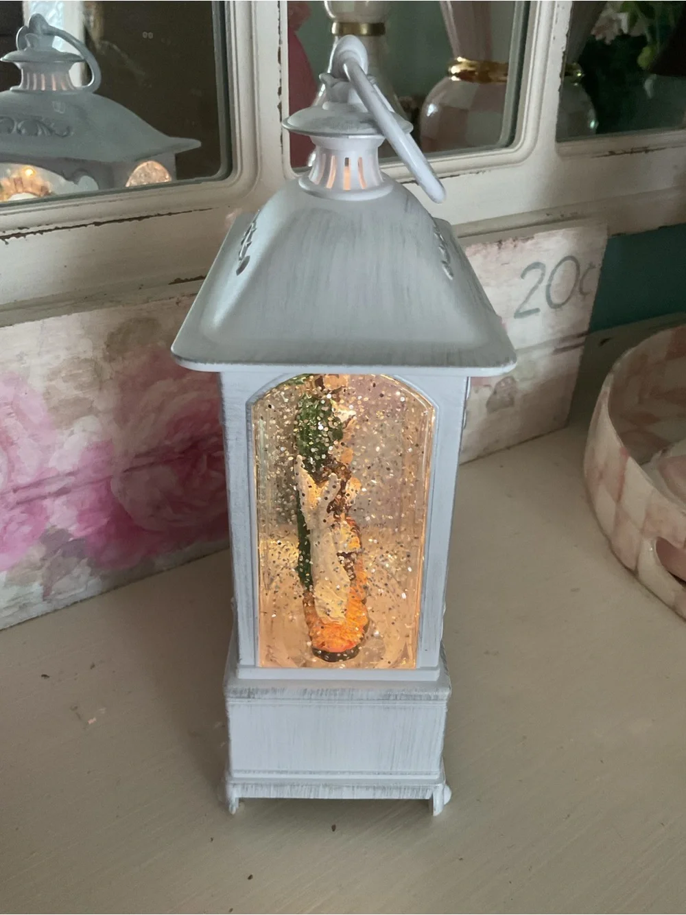 White Decorative Lantern Snow Globe with Heirloom Figurine - Home Accents